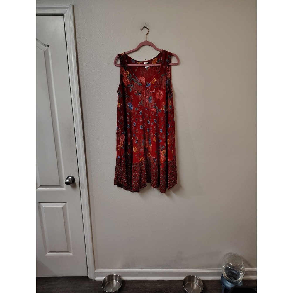 Bila Red Floral Sleeveless Boho Mini Dress Womens Large V-Neck Shift Summer